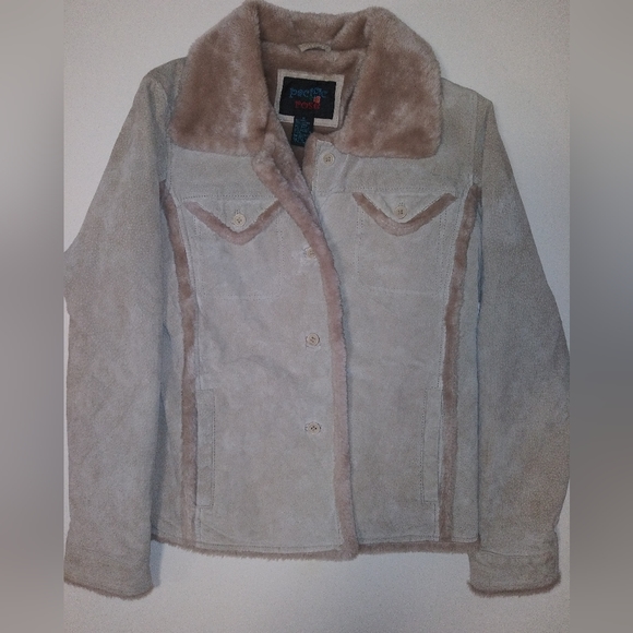 Women's Pacific Rose Nubuck Leather Tan Coat Size Medium With Faux Fur - Picture 9 of 9